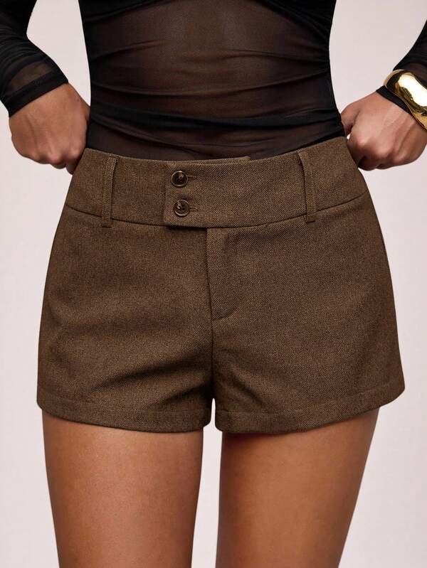 SHEIN BAE Casual Women's Zipper Brown Mini Shorts, Straight Leg Plain Woven Fabric Design Elegant Shorts