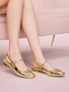 CUCCOO DOLLMOD 时尚金色蝴蝶结装饰玛丽珍平底鞋，方头露跟休闲鞋，适合通勤、约会、派对、购物、上学、可爱甜美 - 金色 - 查看 5