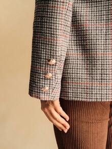 Écloséra 复古法式休闲宽松磨毛格纹翻领单排扣卡其色女士西装外套，通勤休闲皆宜，秋冬季款 - 灰色 - 查看 3