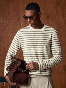 AKNOTIC 男士条纹圆领休闲百搭长袖T恤 - 杏色 - 查看 4