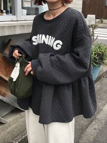 FRIFUL Sweatshirt Wanita Bermotif Berlian Berquilting, Potongan Longgar, Leher Bulat, Pinggang Berkerut, Sambungan Huruf Kontras - Hitam - View 2