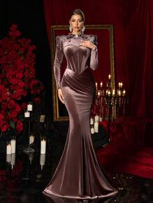 Glamrae Elegant Luxury Velvet Long Sleeve Formal Gown,Handcrafted Crystal Embroidery Square Shoulder Stand Collar Fishbone Decor Pleated Fishtail Hem Dress - Coffee Brown - View 5