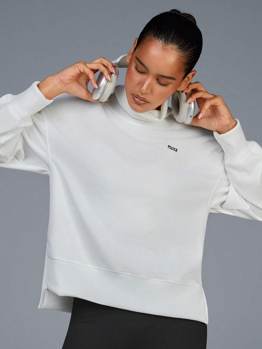 Fluxe Women's White High Neck Sweatshirt, Soft Cozy Fabric For Comfortable Warmth, Stylish Relaxed Fit With Dropped Shoulders, Ribbed Hem And Cuffs For A Secure Fit, Minimalist Embroidered Branding, Perfect For Layering In Casual, Athleisure, And Everyday Wear - White - View 1