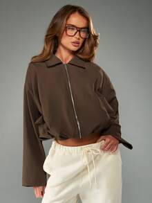 MISSGUIDED Cropped Bomber Jacket With Collar And Zipper Closure For Fall Layering Casual Outerwear - Brown - View 1