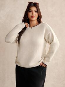 Elaquor 大尺碼女款優雅黑白對比蝴蝶結露背針織衫，寬鬆版型加厚套頭毛衣，適合秋季、婚禮賓客、居家穿著與冬季 - 杏色 - 查看 3