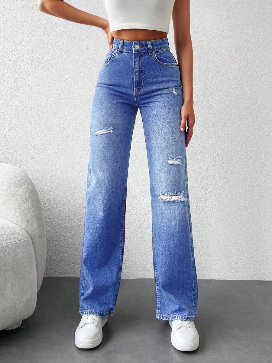 RueChic 100%Cotton Ripped Straight Leg Jeans - Light Wash - View 1