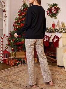 EURMUSE 女士棉质两件套圣诞快乐印花长袖衬衫和豹纹睡裤家居服睡衣套装 - 黑色 - 查看 2