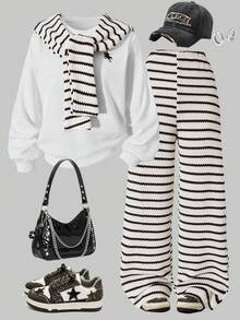 SHEIN Girls Poncho Sweatshirt + Striped Wide Leg Pants Set, Suitable For Spring And Autumn - Multicolor - View 3