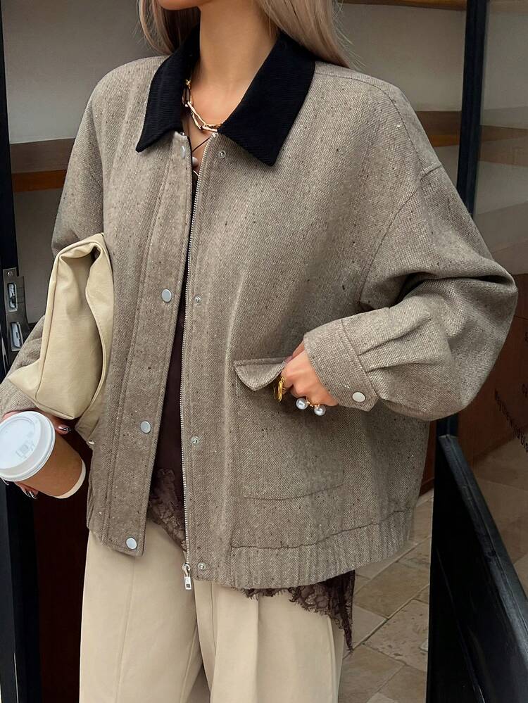 Women's Contrast Color Collar Patchwork Loose Casual Jacket