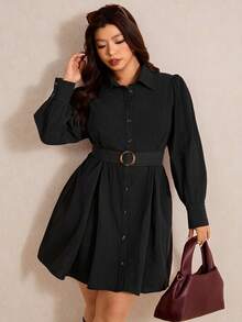 Elaquor Plus Size All-Match Black Shirt Dress For Women, Detachable Belt, Versatile For All Seasons - Black - View 6