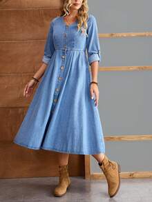 EMERY ROSE Women's V-Neck Ruffle Sleeve Single-Breasted Pocket Casual Denim Dress