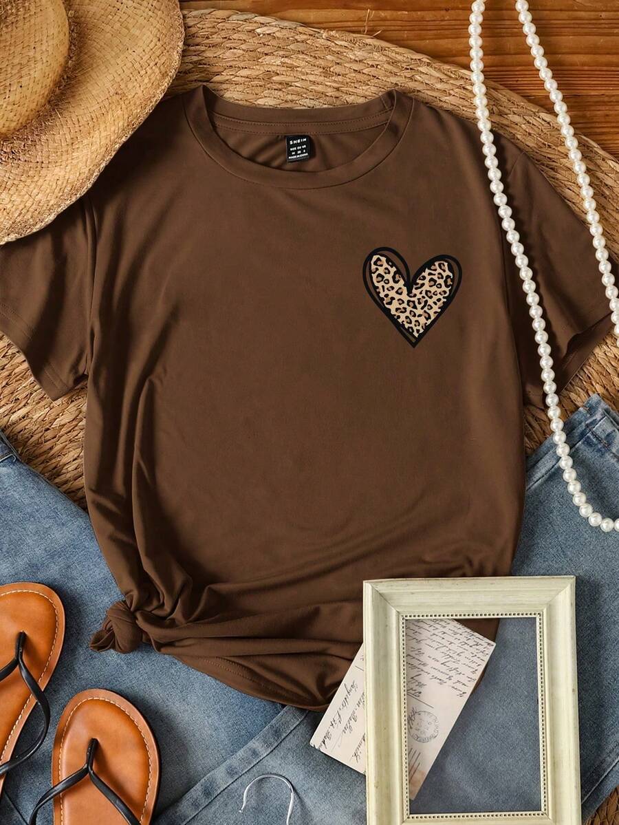 EMERY ROSE Solid Color Minimalist Heart Printed Women T-Shirt Graphic Cheetah Print Tees Women Tops - Coffee Brown - View 1