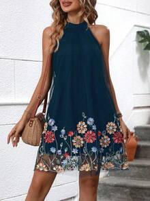Breezaya Floral Embroidery Mesh Overlay Halter Dress Vacation Beach Outfits Women - Navy Blue - View 3