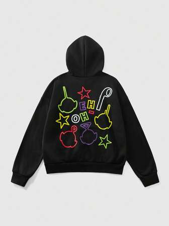 Teletubbies X ROMWE Men's Casual Letter & Cartoon Pattern Hoodie, Autumn
