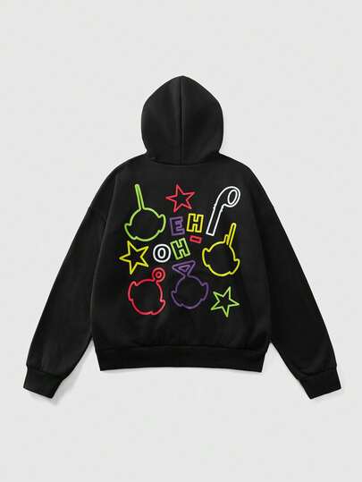 Teletubbies X ROMWE Men's Casual Letter & Cartoon Pattern Hoodie, Autumn