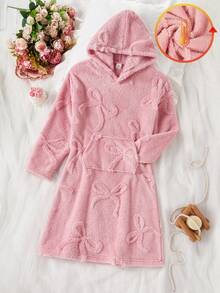 Robe de chambre en polaire corail épaisse avec motif papillon pour filles, poche kangourou, décontractée et chaude pour l'hiver. Assortie aux pyjamas de fête de Noël, convient pour le Nouvel An - Rose bonbon - Voir 3