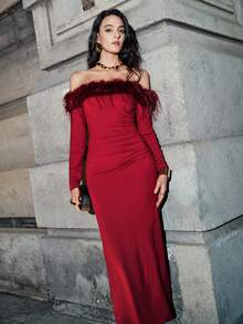 SHEIN LUNE Women's Elegant Fashion Holiday Party Evening Cocktail Date Night Dress With Shiny Waist Twist Ruched Flounce Decor Bodycon Slim Fit Long Sleeve - Burgundy - View 5