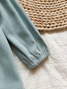 Vintaside Kids Váy hoa nhung kẻ chấm bi cho bé gái, phong cách đồng quê, thanh lịch và dễ thương, phù hợp cho mùa chuyển giao xuân, thu và đông - màu xanh lá - Xem 5