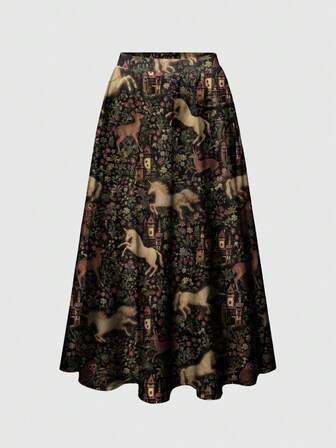 Goth Falda acampanada de talla grande para mujer, de estilo gótico, elegante y vintage, con estampado, de corte holgado