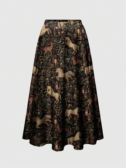 Gothic Dark Elegant Vintage Women Plus Size Loose Fit Printed A-Line Skirt