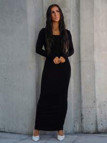 SAYEHFBABY Women's Fashionable Black Knit Long Sleeve Dress - Black - View 4