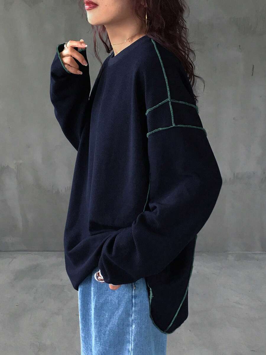 FRIFUL 女士休闲撞色拼接宽松落肩T恤，秋季长袖 - 藏蓝色 - 查看 1