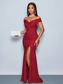 SOLERSUN Suitable For Christmas Party Vacation & Dating Elegant Burgundy Elegant Twisted Off Shoulder Backless Strap High Slit Mermaid Dress With Metallic Sheen For New Year Clothes Maxi Women Outfit - Red - View 6