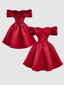 SHEIN MOD Váy midi trễ vai buộc eo cho nữ, màu đỏ tía, mùa thu/đông, Halloween, ác mộng trước Giáng sinh, trang phục Halloween cho nữ, tiệc tùng, thanh lịch, váy satin đỏ, váy trễ vai, váy trang trọng màu đỏ, váy dài chấm đất màu đỏ, váy dự tiệc màu đỏ, váy dự tiệc cưới cho nữ - Đỏ - Xem 2