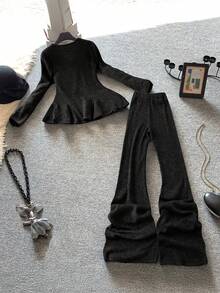 Franclia Women's Elegant Minimalist V-Neck Long Sleeve Ruffle Hem Fitted T-Shirt And High Waist Casual Flare Leg Knit Pants 2 Piece Set, Slimming - Black - View 2