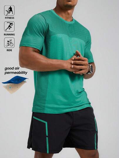 Manfinity Sport Polished Conjunto masculino de 2 peças, blusa verde com gola redonda e manga curta, shorts pretos, roupa esportiva para treino e corrida