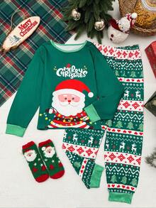2pcs/Set Christmas Santa Claus Print Round Neck Long Sleeve T-Shirt + Pants Pajama Set, Girls Casual Loungewear Or Sleepwear For Autumn/Winter Christmas Pajamas For Girl And Boy Santa Pajamas Christmas Clothes Kids Kids Christmas Pajamas