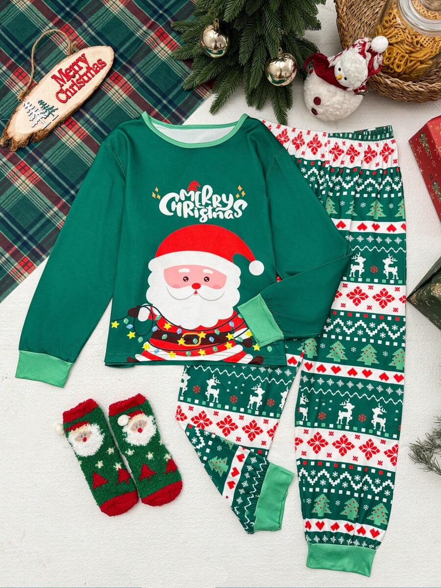 2pcs/Set Christmas Santa Claus Print Round Neck Long Sleeve T-Shirt + Pants Pajama Set, Girls Casual Loungewear Or Sleepwear For Autumn/Winter Christmas Pajamas For Girl And Boy Santa Pajamas Christmas Clothes Kids Kids Christmas Pajamas
