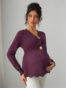 SHEIN Women's Fitted V-Neck Metal Button Ruffle Hem Design Elegant Maternity Cardigan, Long Sleeve