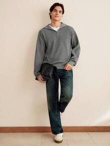 Manfinity Homme Men's Solid Color Half-Placket Drop Shoulder Long Sleeve Casual Sweater, Autumn/Winter - Grey - View 5