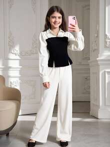 Sparklyn Tricou casual pentru adolescente, cu tiv dublu și crăpături, în culori contrastante, alb-negru, cu mâneci cu bule, model patchwork contrastant, potrivit pentru petreceri de ziua de naștere/spectacole de pian/ceai de după-amiază ușor de lux, îmbrăcăminte pentru copii cu temperament de primăvară și toamnă