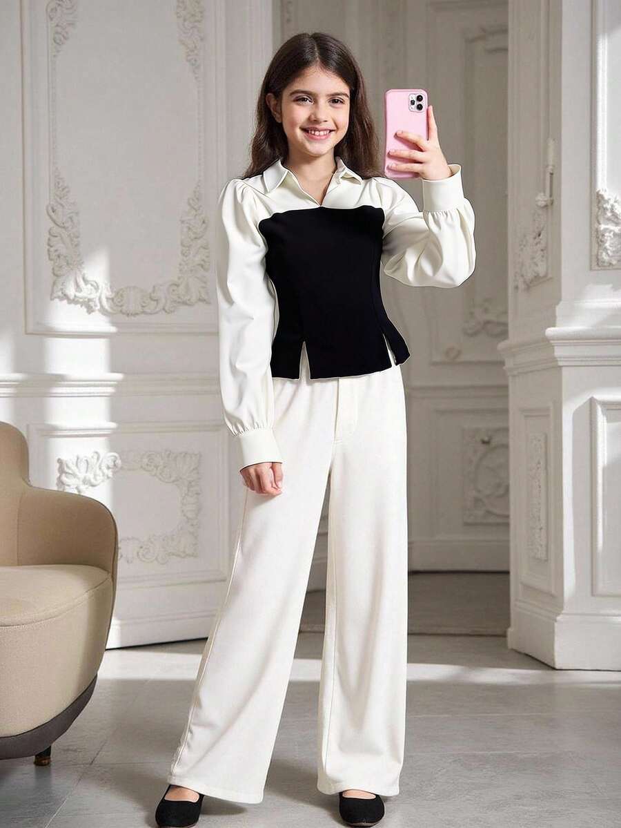 Sparklyn Tricou casual pentru adolescente, cu tiv dublu și crăpături, în culori contrastante, alb-negru, cu mâneci cu bule, model patchwork contrastant, potrivit pentru petreceri de ziua de naștere/spectacole de pian/ceai de după-amiază ușor de lux, îmbrăcăminte pentru copii cu temperament de primăvară și toamnă