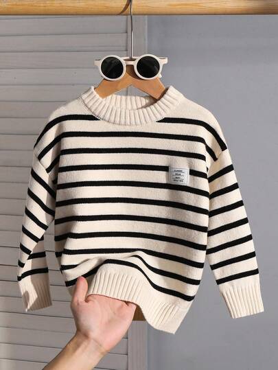 LMoss Kids Young Boy Crew Neck Striped Apricot Patchwork Black Patch Long-Sleeved Sweater,Christmas,Thanksgiving,Winter,Winter Clothes,Long Sleeve Top,Christmas Sweater