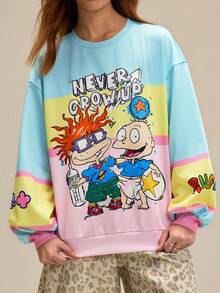 Nick 90s | SHEIN Sudadera casual de mujer con cuello redondo y hombros caídos, con estampado de dibujos animados, para otoño - Azul - Ver 6
