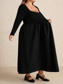 SHEIN CURVE+ Đầm dệt kim cổ vuông đơn giản, đơn giản, dễ mặc, dáng rộng, cỡ lớn, dành cho nữ, dáng dài đến trung bình - màu đen - Xem 5