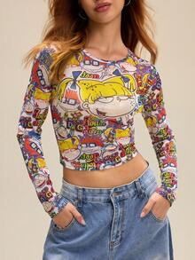 Nick 90s | SHEIN Women's Mesh Sheer Cartoon Pattern Round Neck Long Sleeve Cropped Top - Yellow - View 6