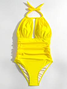 SHEIN Swim Summer Beach Ruched Halter One Piece Swimsuit - Yellow - View 3