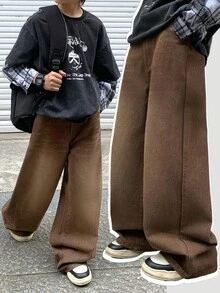 SHEIN Little Byeori 青少年男孩时尚休闲 Y2K 复古酷炫街头无弹力棕色牛仔宽松舒适阔腿牛仔裤，适合儿童日常穿着、秋冬季派对和街头服饰。