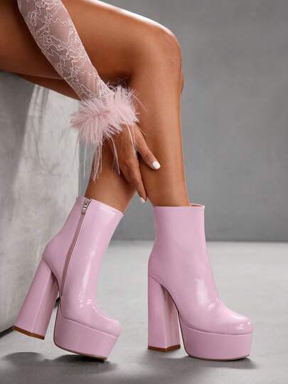 CUCCOO LuxiPop 女士圆头厚底高跟防水厚底刺绣装饰黑色PU双层材质时尚舒适日常派对穿着侧拉链踝靴，性感夜店风格圣诞派对