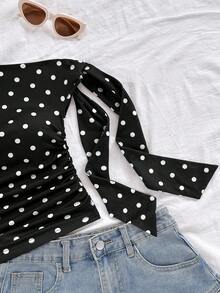 Soleia 女士波点印花扭结褶皱不对称衬衫 - 黑與白 - 查看 6