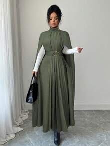 Elenzga Stand Collar Cape, Long Flowing Elegant French Sophisticated Pleated Flared Hem Oversized English Style Commuter Slimming Outerwear, Suitable For Formal Occasions