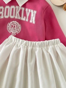 SHEIN 女婴可爱字母图案翻领卫衣和迷你裙套装（2件套），秋冬季 - 玫紅色 - 查看 7