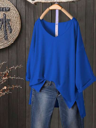 SHEIN 女式加大码侧开衩 V 领宽松短袖休闲 T 恤，蓝色