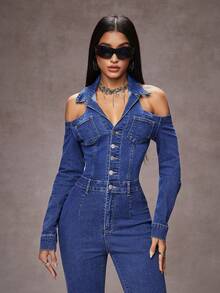 Jeanoix Women's Off-Shoulder Long Sleeve Button Half-Placket Fashionable Flared Denim Jumpsuit - Blue - View 6
