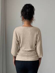 Selianne 女式舒适休闲V领荷叶边蝙蝠袖纯色拉绒罗纹T恤 - 杏色 - 查看 2