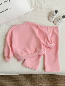 SHEIN Baby Girl Casual Cute Bow Back Round Neck Long Sleeve Lace Trim Sweatshirt And Lace Trim Bell-Bottom Pants, Suitable For Casual Everyday Wear In Autumn And Winter Pink Bow Baby Outfit Baby Girl Long Sleeve Set Baby Girl Sweat Set - Pink - View 2